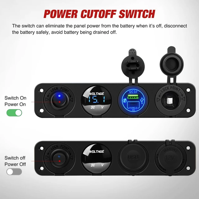 Alt view image 2 of 7 - 4 in 1 ON/Off Charger Socket Panel Rocker Toggle Switch | PD Type C and QC 3.0 USB Power Outlet LED Voltmeter Cigarette Lighter Control Switches for Truck Car Boats RV ATV UTV