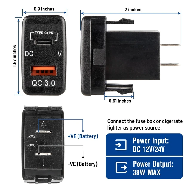 Alt view image 2 of 6 - for Toyota USB C Car Charger Socket, 12V/24V Dual USB Outlet PD3.0 & QC3.0 Car USB Port with LED Voltmeter for Toyota Tundra 2005-2006 4Runner 2003-2009 Hilux 2005-2014 (1.57 * 0.9 Inch)