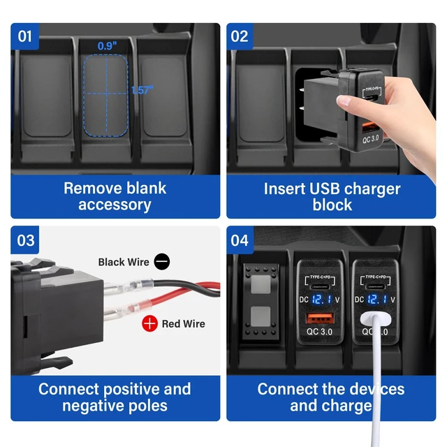 Alt view image 3 of 6 - for Toyota USB C Car Charger Socket, 12V/24V Dual USB Outlet PD3.0 & QC3.0 Car USB Port with LED Voltmeter for Toyota Tundra 2005-2006 4Runner 2003-2009 Hilux 2005-2014 (1.57 * 0.9 Inch)