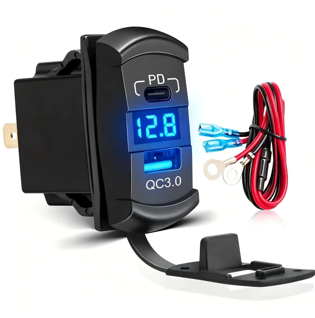Main image of USB C Rocker Switch 18W QC3.0 USB A + 30W PD Rocket Style Outlet | Type C USB Charger, On/Off with LED Voltmeter Display, for 12V/24V RV Boat Motorcycle Marine ATV