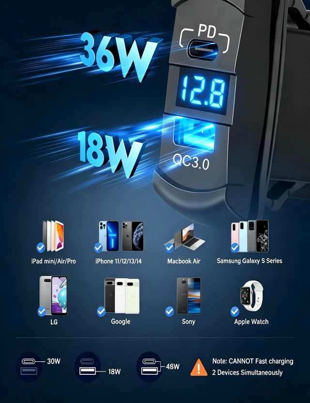 Alt view image 2 of 7 - USB C Rocker Switch 18W QC3.0 USB A + 30W PD Rocket Style Outlet | Type C USB Charger, On/Off with LED Voltmeter Display, for 12V/24V RV Boat Motorcycle Marine ATV