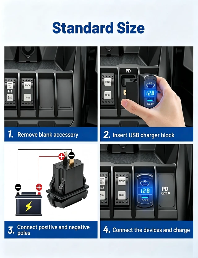 Alt view image 7 of 7 - USB C Rocker Switch 18W QC3.0 USB A + 30W PD Rocket Style Outlet | Type C USB Charger, On/Off with LED Voltmeter Display, for 12V/24V RV Boat Motorcycle Marine ATV