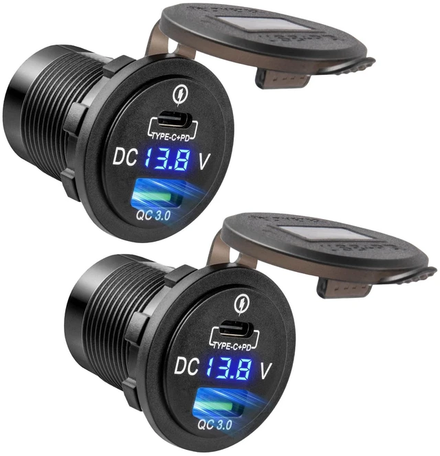 Main image of 2PCS Car Charger Socket, 18W USB A + 36W PD USB C, 12V/24V Waterproof Dual Port Charger with Voltmeter & Reverse Protection for Car Truck RV Boat Marine Motorcycle