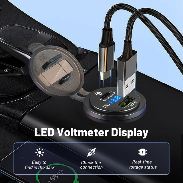 Alt view image 5 of 6 - 2PCS Car Charger Socket, 18W USB A + 36W PD USB C, 12V/24V Waterproof Dual Port Charger with Voltmeter & Reverse Protection for Car Truck RV Boat Marine Motorcycle