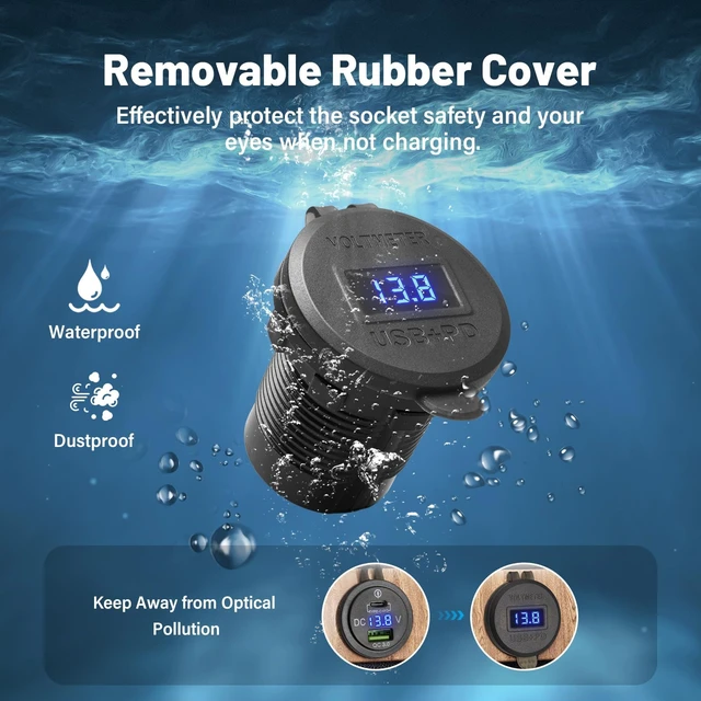 Alt view image 4 of 6 - 2PCS Car Charger Socket, 18W USB A + 36W PD USB C, 12V/24V Waterproof Dual Port Charger with Voltmeter & Reverse Protection for Car Truck RV Boat Marine Motorcycle