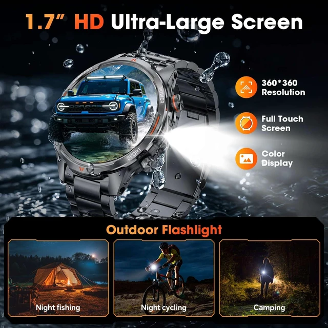 Alt view image 3 of 7 - Military Smartwatch for Men, 100-day standby, Bluetooth Call with Compass | 1.7" HD, flashlight, Heart Rate, SpO2/Sleep Tracking, 110+ sports modes, IP68 waterproof, Answer/make calls for iOS/Android