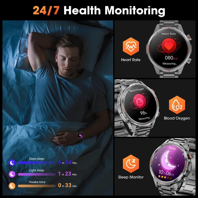 Alt view image 7 of 7 - Military Smartwatch for Men, 100-day standby, Bluetooth Call with Compass | 1.7" HD, flashlight, Heart Rate, SpO2/Sleep Tracking, 110+ sports modes, IP68 waterproof, Answer/make calls for iOS/Android
