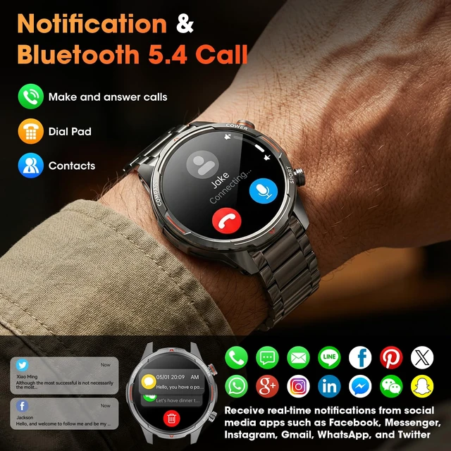 Alt view image 6 of 7 - Military Smartwatch for Men, 100-day standby, Bluetooth Call with Compass | 1.7" HD, flashlight, Heart Rate, SpO2/Sleep Tracking, 110+ sports modes, IP68 waterproof, Answer/make calls for iOS/Android
