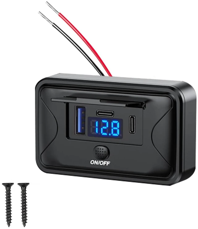 Main image of 90W 12V USB Outlet Panel Mount Dual PD 36W QC 18W Switch Voltmeter Marine | 90W dual PD 36W + QC 18W fast charge, 90° adjustable flip cover, voltmeter, switch, surface mount for boat RV truck.
