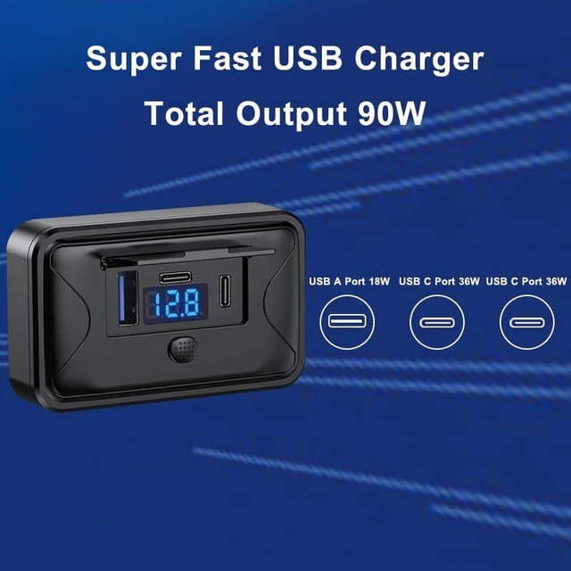 Alt view image 3 of 6 - 90W 12V USB Outlet Panel Mount Dual PD 36W QC 18W Switch Voltmeter Marine | 90W dual PD 36W + QC 18W fast charge, 90° adjustable flip cover, voltmeter, switch, surface mount for boat RV truck.