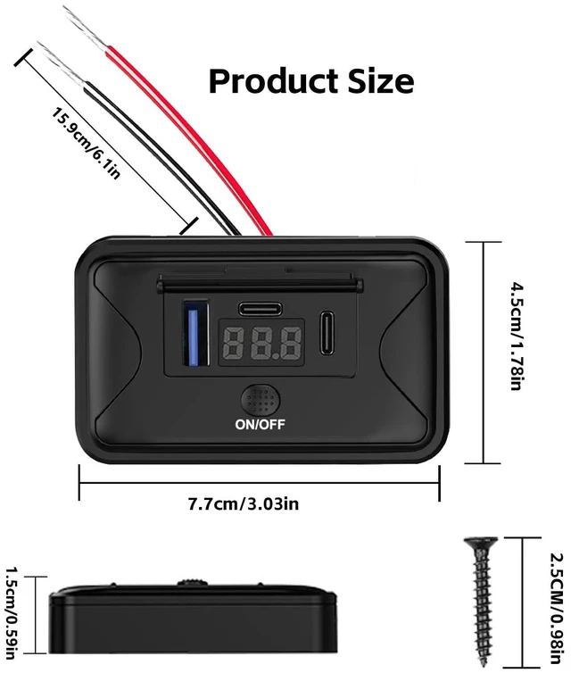 Alt view image 2 of 6 - 90W 12V USB Outlet Panel Mount Dual PD 36W QC 18W Switch Voltmeter Marine | 90W dual PD 36W + QC 18W fast charge, 90° adjustable flip cover, voltmeter, switch, surface mount for boat RV truck.