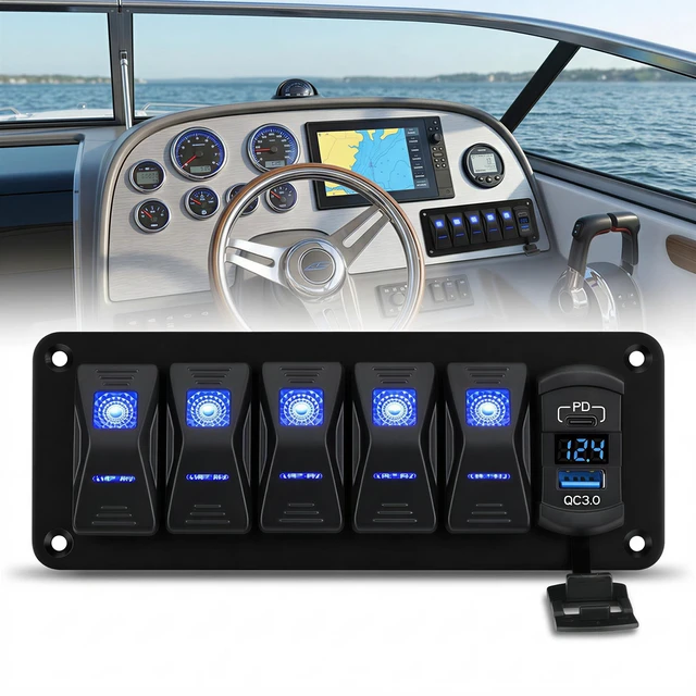 Main image of 5 Gang 12-24V Marine Rocker Switch Panel, USB-C PD, Voltmeter | Aluminum panel with IP68 SPST rockers, QC3.0 charging, blue LED voltmeter, and DIY labels for boats, cars, RVs, and trucks