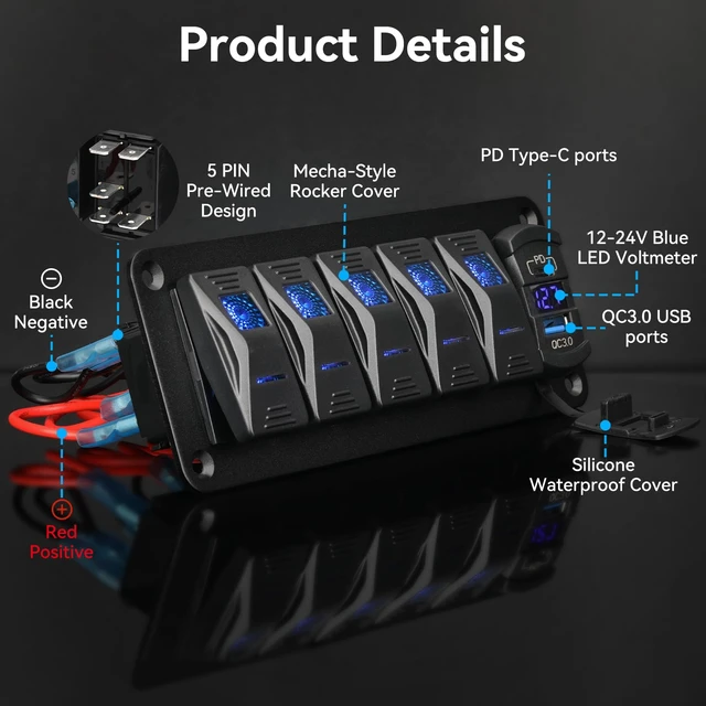 Alt view image 2 of 7 - 5 Gang 12-24V Marine Rocker Switch Panel, USB-C PD, Voltmeter | Aluminum panel with IP68 SPST rockers, QC3.0 charging, blue LED voltmeter, and DIY labels for boats, cars, RVs, and trucks