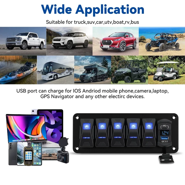 Alt view image 5 of 7 - 5 Gang 12-24V Marine Rocker Switch Panel, USB-C PD, Voltmeter | Aluminum panel with IP68 SPST rockers, QC3.0 charging, blue LED voltmeter, and DIY labels for boats, cars, RVs, and trucks
