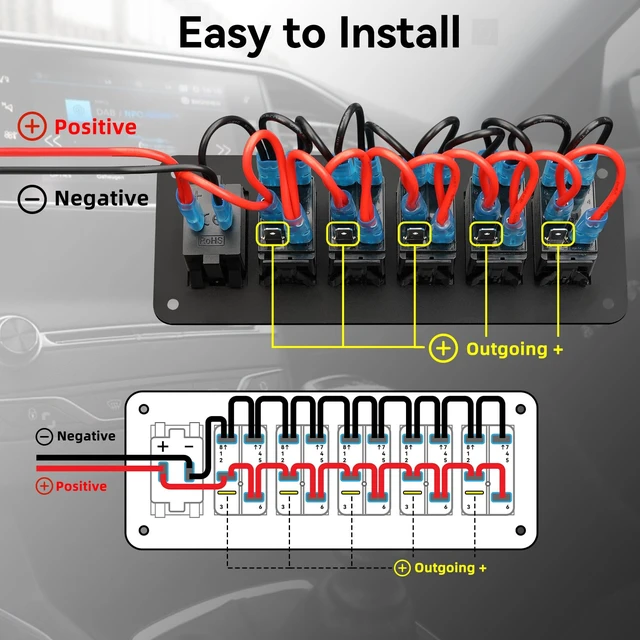 Alt view image 6 of 7 - 5 Gang 12-24V Marine Rocker Switch Panel, USB-C PD, Voltmeter | Aluminum panel with IP68 SPST rockers, QC3.0 charging, blue LED voltmeter, and DIY labels for boats, cars, RVs, and trucks