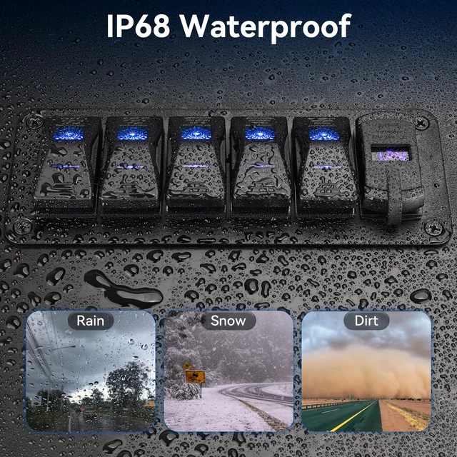 Alt view image 4 of 7 - 5 Gang 12-24V Marine Rocker Switch Panel, USB-C PD, Voltmeter | Aluminum panel with IP68 SPST rockers, QC3.0 charging, blue LED voltmeter, and DIY labels for boats, cars, RVs, and trucks