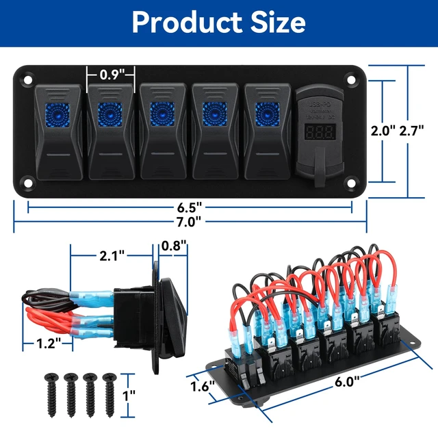 Alt view image 7 of 7 - 5 Gang 12-24V Marine Rocker Switch Panel, USB-C PD, Voltmeter | Aluminum panel with IP68 SPST rockers, QC3.0 charging, blue LED voltmeter, and DIY labels for boats, cars, RVs, and trucks