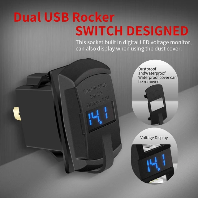 Alt view image 4 of 6 - Marine USB Rocker Switch 12V Dual Charger Ports 4.2A Waterproof Outlet Socket with Blue Led Digital Voltmeter for Rocker Switch Panel on Boat RV Car Vehicle