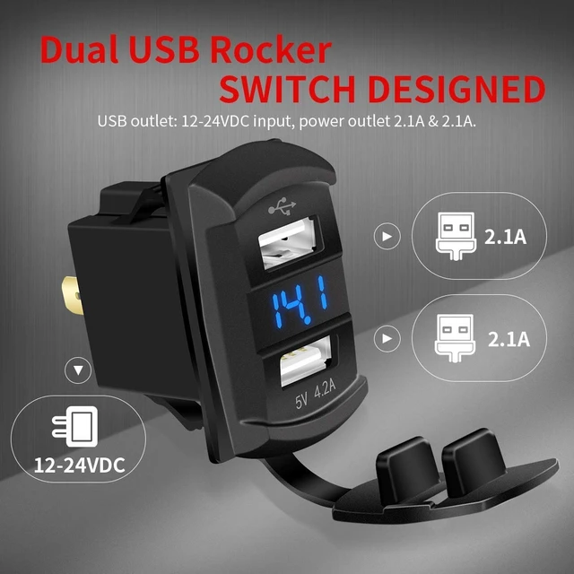 Alt view image 2 of 6 - Marine USB Rocker Switch 12V Dual Charger Ports 4.2A Waterproof Outlet Socket with Blue Led Digital Voltmeter for Rocker Switch Panel on Boat RV Car Vehicle