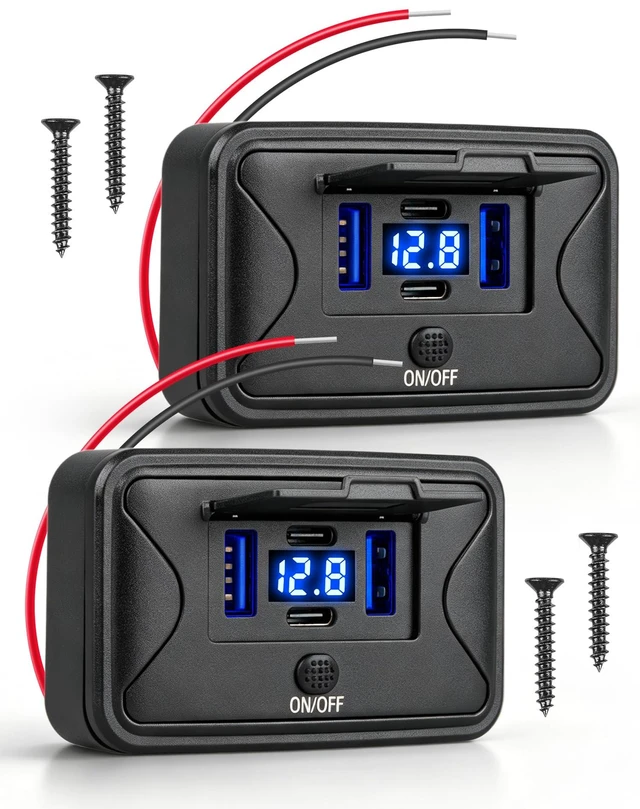 Main image of 2 Pack 12V USB Outlet with Voltage Display, 78W 4 Port USB C Fast Charger Panel with Dual 36W PD & Dual 18W QC3.0, On/Off Switch and Flip Cover for RV Boat Truck Marine Golf Cart