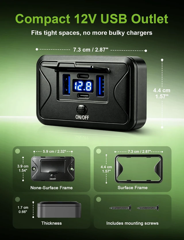 Alt view image 5 of 7 - 2 Pack 12V USB Outlet with Voltage Display, 78W 4 Port USB C Fast Charger Panel with Dual 36W PD & Dual 18W QC3.0, On/Off Switch and Flip Cover for RV Boat Truck Marine Golf Cart