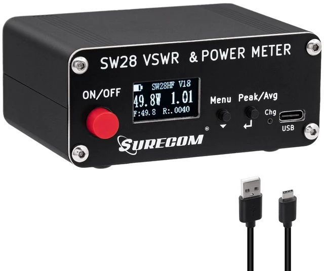 Main image of Surecom SW-28HF SWR Meter 1.5-60MHz 120W for HF Ham and CB Radio | Reads Forward Power, Reflected Power and VSWR, Buzzer Above 2.0, Peak or Average Hold, Switchable Layouts, USB-C Charging