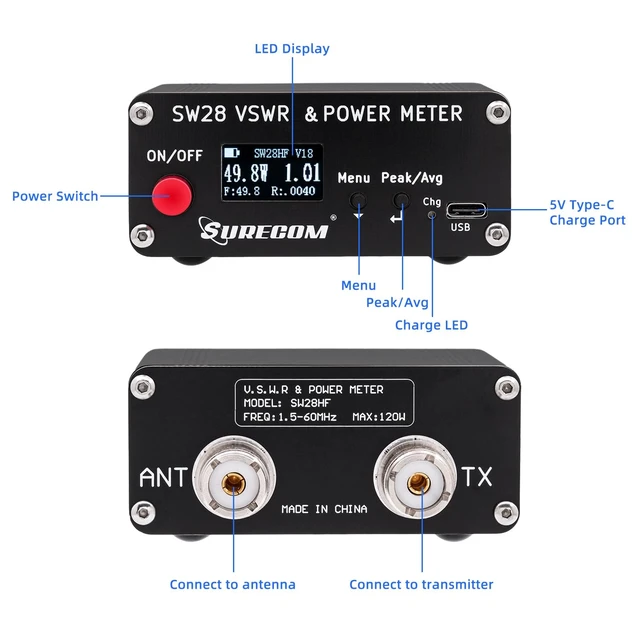 Alt view image 4 of 7 - Surecom SW-28HF SWR Meter 1.5-60MHz 120W for HF Ham and CB Radio | Reads Forward Power, Reflected Power and VSWR, Buzzer Above 2.0, Peak or Average Hold, Switchable Layouts, USB-C Charging