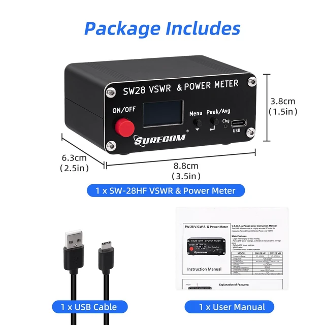 Alt view image 3 of 7 - Surecom SW-28HF SWR Meter 1.5-60MHz 120W for HF Ham and CB Radio | Reads Forward Power, Reflected Power and VSWR, Buzzer Above 2.0, Peak or Average Hold, Switchable Layouts, USB-C Charging