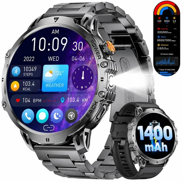Main image of Military Smart Watches for Men(2 Bands),1400mAh/1.85" HD Large Screen Smartwatch, Flashlight/110+ Sports Modes/Sleep Monitor, Fitness Tracker Watch for Android iOS,Black