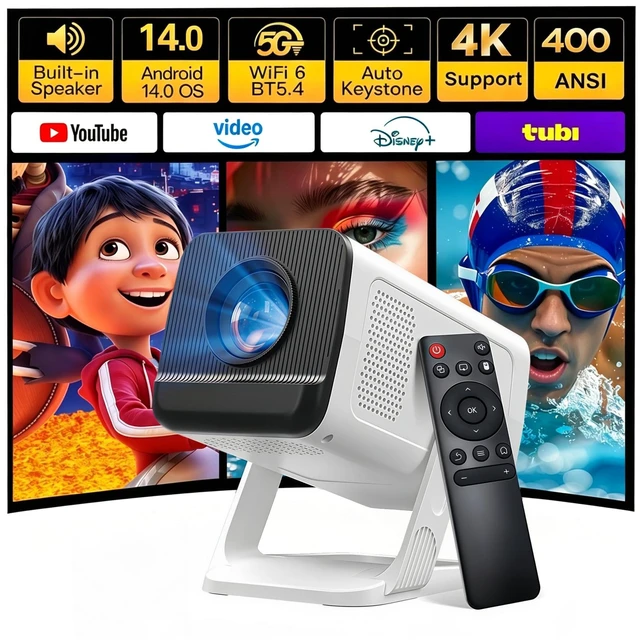 Main image of Built-in Apps 4K Support Mini Projector with Android 14, Phone Remote | Portable Smart Projector with WiFi 6 and Bluetooth 5.4 for Bedroom Auto Keystone Compatible with Netflix/iOS/HDMI/TV Stick X1