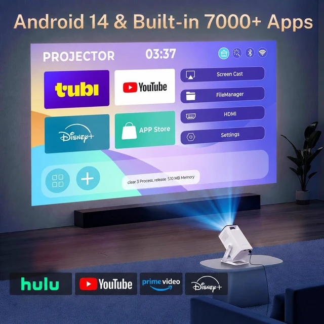 Alt view image 2 of 7 - Built-in Apps 4K Support Mini Projector with Android 14, Phone Remote | Portable Smart Projector with WiFi 6 and Bluetooth 5.4 for Bedroom Auto Keystone Compatible with Netflix/iOS/HDMI/TV Stick X1