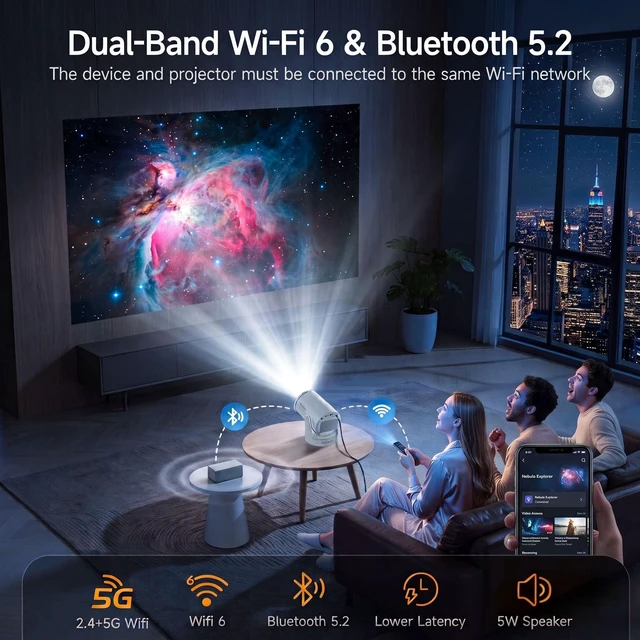 Alt view image 3 of 7 - Mini Projector with WiFi and Bluetooth,Smart Projector 4K Support | 210° Rotatable,5W Speaker,210 ANSI Auto Keystone, support 1080P Ideal for Bedroom & Camping