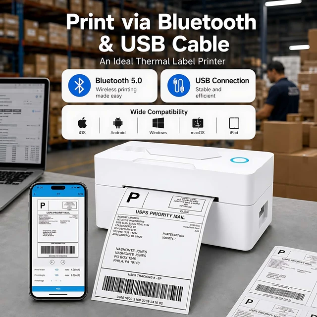 Alt view image 3 of 6 - Bluetooth Thermal Shipping Label Printer, 4x6, White | Wireless Thermal Label Printer for Small Business, Compatible with Android, iPhone, Windows & Mac