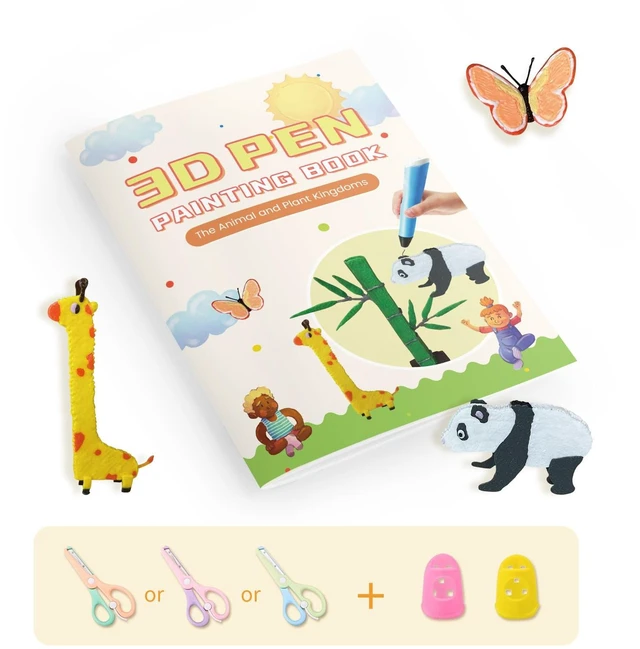 Main image of 3D Printing Drawing Book - Animal and Plant Kingdom Theme | 40+ DIY Drawing Templates | Progressive Learning | Includes Clear Mat, Finger Caps and a Child-Safe Scissors | Great Gift for Kids