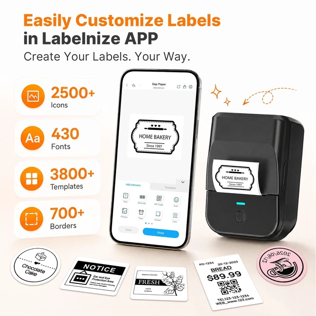Alt view image 2 of 7 - PM240 Label Maker Machine with Tape, Label Printer Black | 2'' Bluetooth Thermal Sticker Label Maker for Small Business, School Supplies, Classroom, Home Office with Multiple Templates
