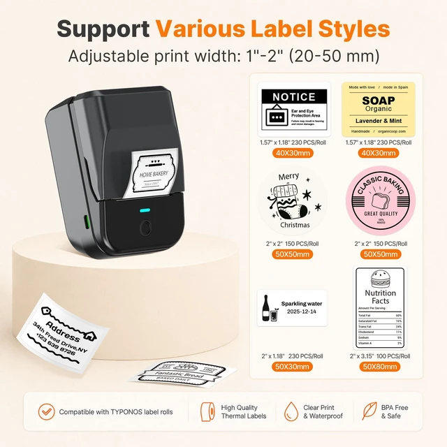 Alt view image 4 of 7 - PM240 Label Maker Machine with Tape, Label Printer Black | 2'' Bluetooth Thermal Sticker Label Maker for Small Business, School Supplies, Classroom, Home Office with Multiple Templates