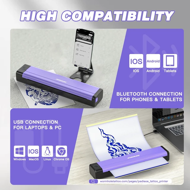 Alt view image 5 of 7 - Tattoo Stencil Printer with 10Pcs Transfer Paper - Bluetooth, Wireless, 2000mAh - Portable Thermal Printer Machine for Tattooist- 11.5x2.6x1.8in - Purple