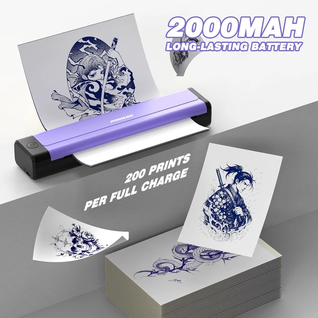Alt view image 7 of 7 - Tattoo Stencil Printer with 10Pcs Transfer Paper - Bluetooth, Wireless, 2000mAh - Portable Thermal Printer Machine for Tattooist- 11.5x2.6x1.8in - Purple