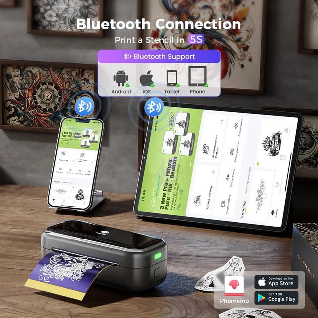 Alt view image 3 of 7 - TP31 Tattoo Stencil Printer, Wireless, Bluetooth, Thermal, Mini | with 30pcs Transfer Paper, Compatible with Phone & Tablet, for Tattoo Artists & Beginners, 3 Inch, Black