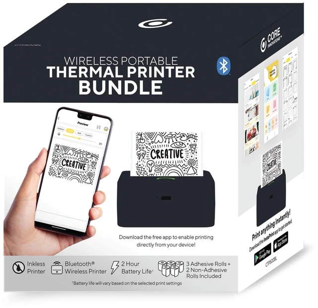 Alt view image 4 of 7 - Mini Portable Thermal Printer with 5 Rolls, Inkless, Black | Bluetooth Wireless Printer with 3 Adhesive and 2 Non-Adhesive Rolls, Monochrome Label, Note, Sticker, iOS, Android, 200 DPI