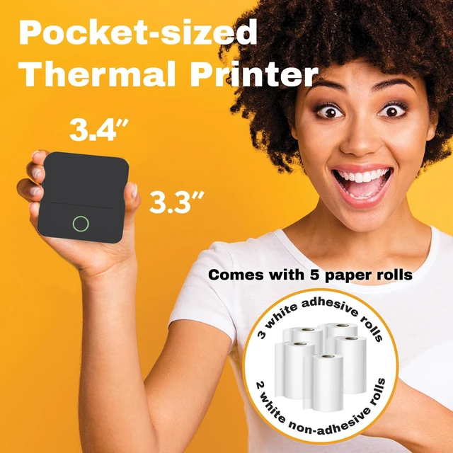 Alt view image 5 of 7 - Mini Portable Thermal Printer with 5 Rolls, Inkless, Black | Bluetooth Wireless Printer with 3 Adhesive and 2 Non-Adhesive Rolls, Monochrome Label, Note, Sticker, iOS, Android, 200 DPI