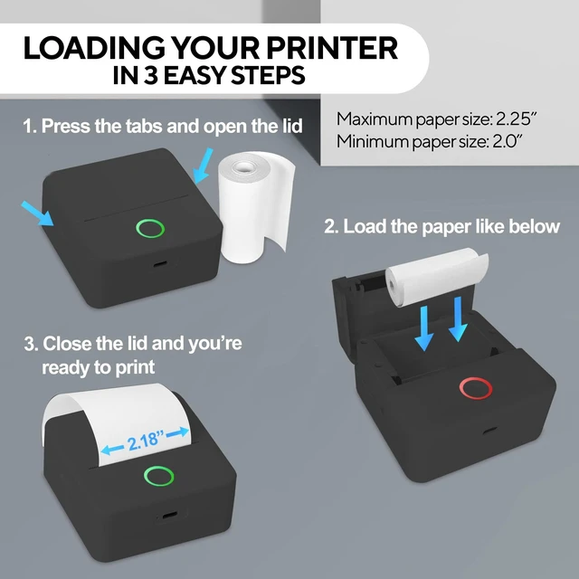 Alt view image 7 of 7 - Mini Portable Thermal Printer with 5 Rolls, Inkless, Black | Bluetooth Wireless Printer with 3 Adhesive and 2 Non-Adhesive Rolls, Monochrome Label, Note, Sticker, iOS, Android, 200 DPI