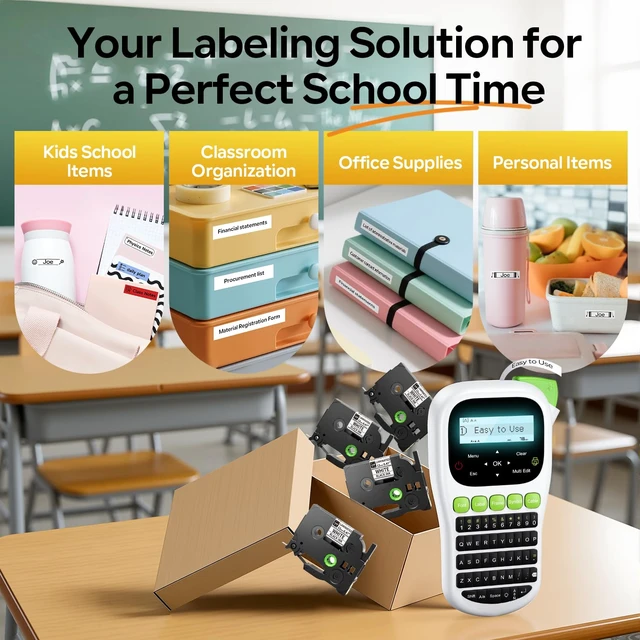Alt view image 2 of 7 - Label Maker Machine with 4 Tapes, Labeler, H1100 Handheld Label Maker | Portable Label Printer with Waterproof Labels Laminated, Backlit Screen & Keyboard for Home Office Kids School Items Labeling