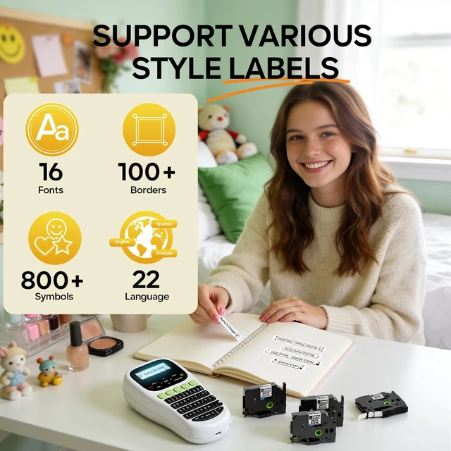 Alt view image 5 of 7 - Label Maker Machine with 4 Tapes, Labeler, H1100 Handheld Label Maker | Portable Label Printer with Waterproof Labels Laminated, Backlit Screen & Keyboard for Home Office Kids School Items Labeling
