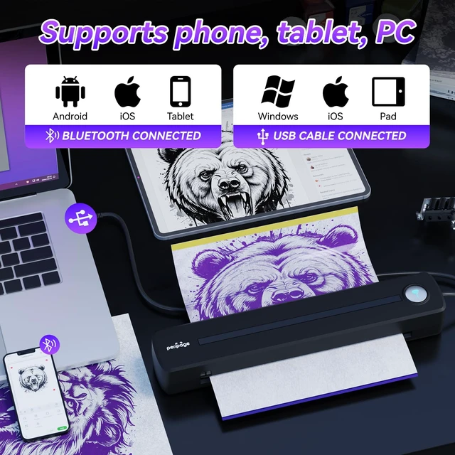 Alt view image 2 of 6 - P91 2-in-1 Portable Thermal Inkless Printer, Tattoo Stencil & A4 | P91 Wireless Bluetooth A4 Thermal Printer, Lightweight Rechargeable Inkless for Tattoo Artists Office Travel