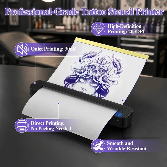 Alt view image 3 of 7 - Portable Tattoo Stencil Printer, Bluetooth Thermal Transfer Printer | for Tattoo Artists & Beginners, Compatible with Bluetooth/USB-C, 203 DPI Thermal Printing, Compact 455g, 10 Sheets Included