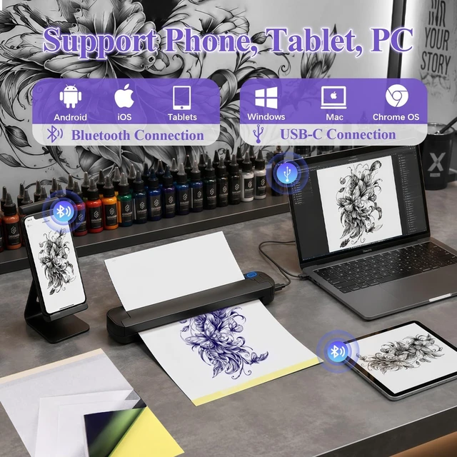 Alt view image 4 of 7 - Portable Tattoo Stencil Printer, Bluetooth Thermal Transfer Printer | for Tattoo Artists & Beginners, Compatible with Bluetooth/USB-C, 203 DPI Thermal Printing, Compact 455g, 10 Sheets Included