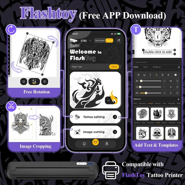 Alt view image 5 of 7 - Portable Tattoo Stencil Printer, Bluetooth Thermal Transfer Printer | for Tattoo Artists & Beginners, Compatible with Bluetooth/USB-C, 203 DPI Thermal Printing, Compact 455g, 10 Sheets Included