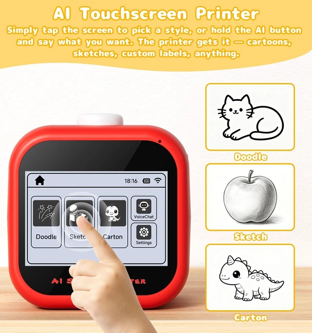 Alt view image 3 of 7 - AI Voice Sticker Printer, 3.5" HD Touchscreen Mini Thermal Inkless Printer with Ambient Light, WiFi Portable Sticker Maker Machine with 2000mAh Battery for Kids DIY, Journaling & Gift(Red)