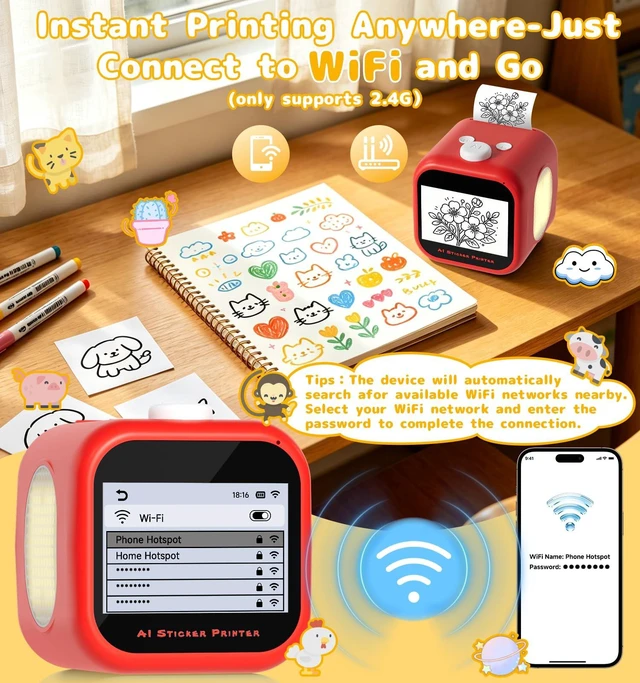 Alt view image 5 of 7 - AI Voice Sticker Printer, 3.5" HD Touchscreen Mini Thermal Inkless Printer with Ambient Light, WiFi Portable Sticker Maker Machine with 2000mAh Battery for Kids DIY, Journaling & Gift(Red)